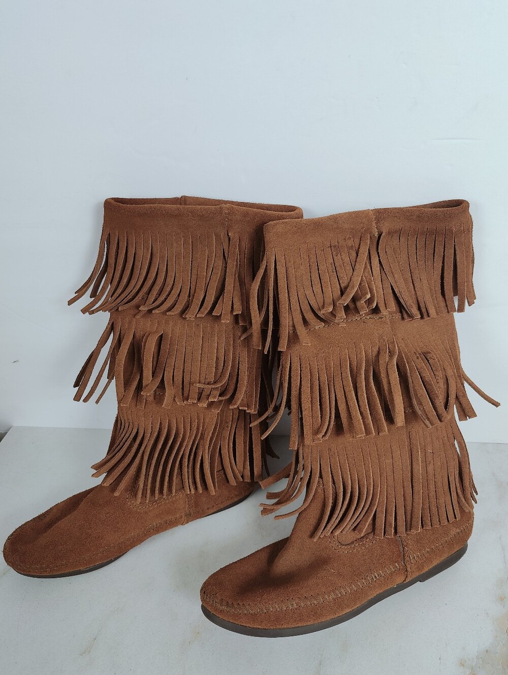 VTG Minnetonka 3-Layer Fringe Moc Boots Brown Suede, Sz 7